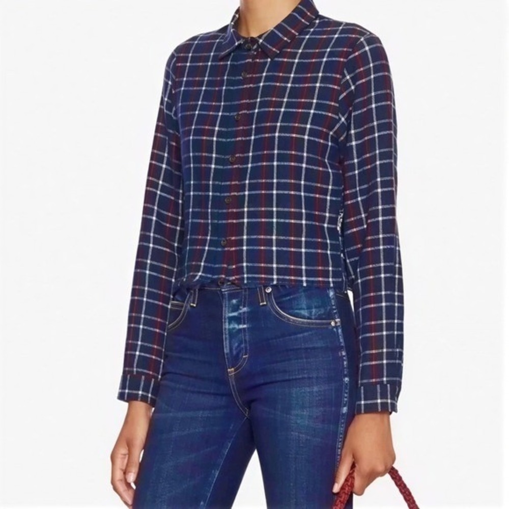Sea New York Navy Wool Plaid Peekaboo Shirt with Eyelet Back Womens 4 Cropped